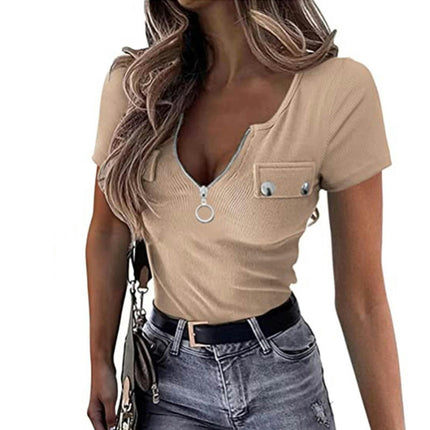 Women's Zipper V Neck Summer Tops Short Sleeve Slim Fit Casual T-Shirt