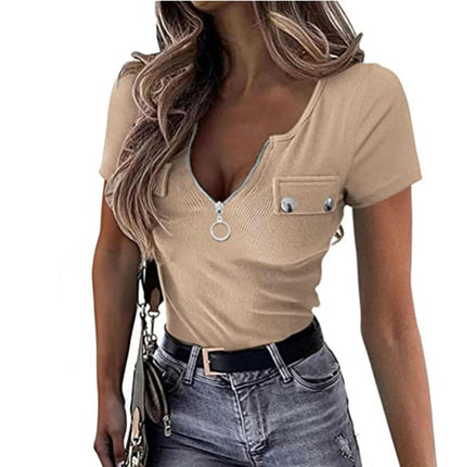 Women's Zipper V Neck Summer Tops Short Sleeve Slim Fit Casual T-Shirt