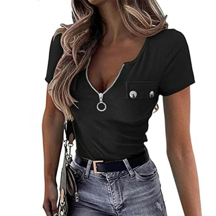 Women's Zipper V Neck Summer Tops Short Sleeve Slim Fit Casual T-Shirt