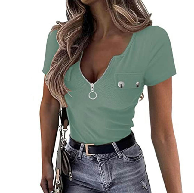 Women's Zipper V Neck Summer Tops Short Sleeve Slim Fit Casual T-Shirt