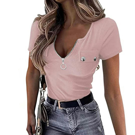 Women's Zipper V Neck Summer Tops Short Sleeve Slim Fit Casual T-Shirt