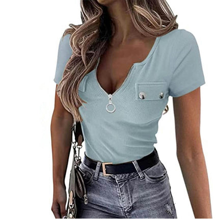 Women's Zipper V Neck Summer Tops Short Sleeve Slim Fit Casual T-Shirt