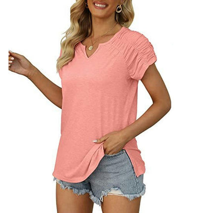 Womens Summer V Neck Tops Ruched Short Sleeve T Shirts Casual Tee