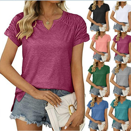 Womens Summer V Neck Tops Ruched Short Sleeve T Shirts Casual Tee