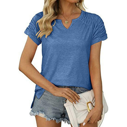 Womens Summer V Neck Tops Ruched Short Sleeve T Shirts Casual Tee