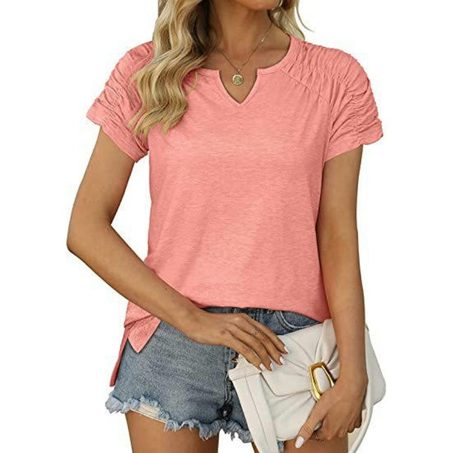 Womens Summer V Neck Tops Ruched Short Sleeve T Shirts Casual Tee