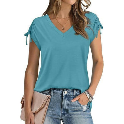 Womens Casual V Neck T Shirt Drawstring Short Sleeve Tops Summer Shirts