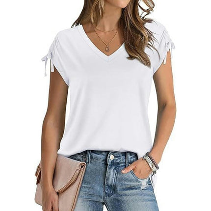 Womens Casual V Neck T Shirt Drawstring Short Sleeve Tops Summer Shirts