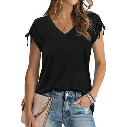 Womens Casual V Neck T Shirt Drawstring Short Sleeve Tops Summer Shirts