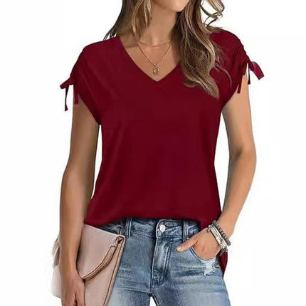 Womens Casual V Neck T Shirt Drawstring Short Sleeve Tops Summer Shirts