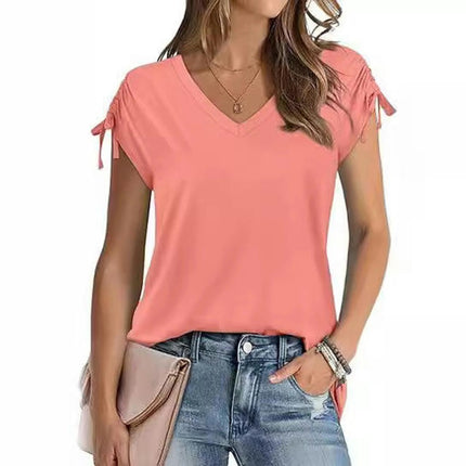 Womens Casual V Neck T Shirt Drawstring Short Sleeve Tops Summer Shirts