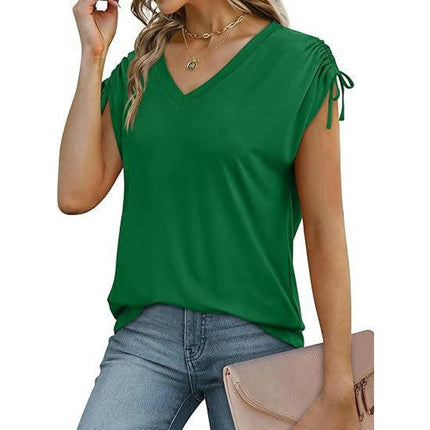 Womens Casual V Neck T Shirt Drawstring Short Sleeve Tops Summer Shirts