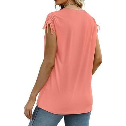 Womens Casual V Neck T Shirt Drawstring Short Sleeve Tops Summer Shirts