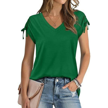 Womens Casual V Neck T Shirt Drawstring Short Sleeve Tops Summer Shirts