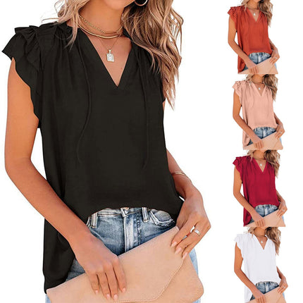 Women's Casual V Neck Tops Ruffled Short Sleeve T Shirt Summer Blouses