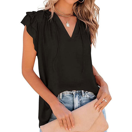 Women's Casual V Neck Tops Ruffled Short Sleeve T Shirt Summer Blouses