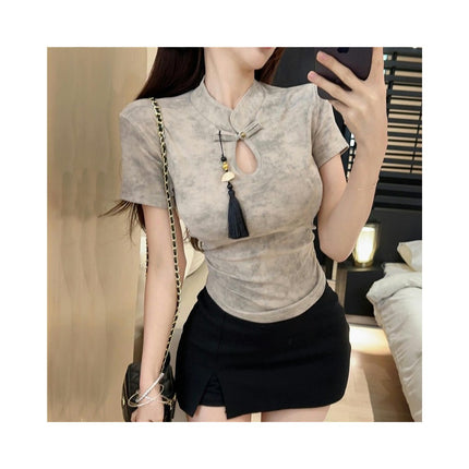 Womens Summer Stand Neck Cut Out Tops Short Sleeve Slim Fit T Shirts