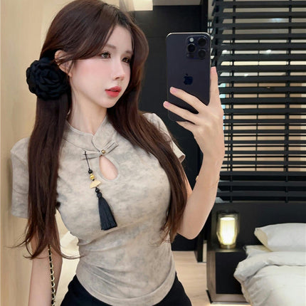 Womens Summer Stand Neck Cut Out Tops Short Sleeve Slim Fit T Shirts