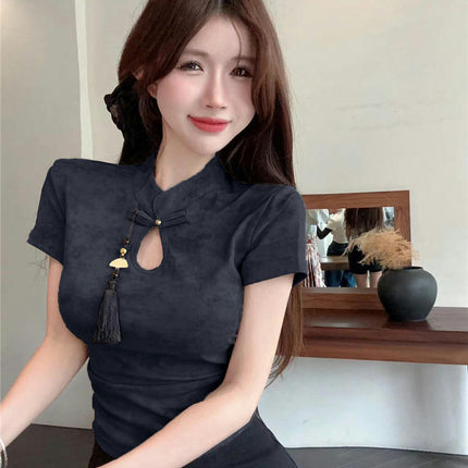 Womens Summer Stand Neck Cut Out Tops Short Sleeve Slim Fit T Shirts