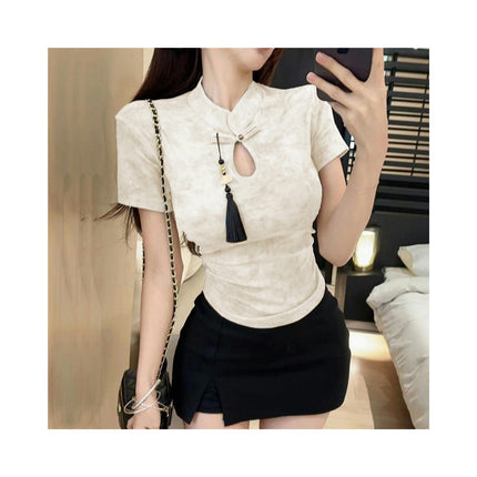 Womens Summer Stand Neck Cut Out Tops Short Sleeve Slim Fit T Shirts