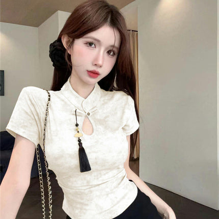 Womens Summer Stand Neck Cut Out Tops Short Sleeve Slim Fit T Shirts