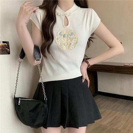 Women's Hollow Out High Neck T Shirts Summer Slim Fit Short Sleeve Casual Tops