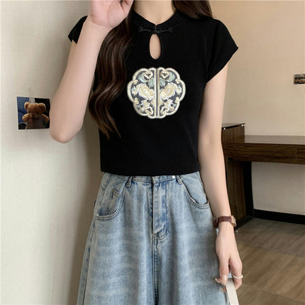 Women's Hollow Out High Neck T Shirts Summer Slim Fit Short Sleeve Casual Tops