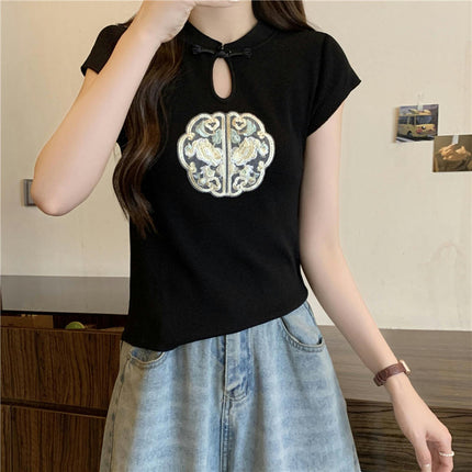 Women's Hollow Out High Neck T Shirts Summer Slim Fit Short Sleeve Casual Tops