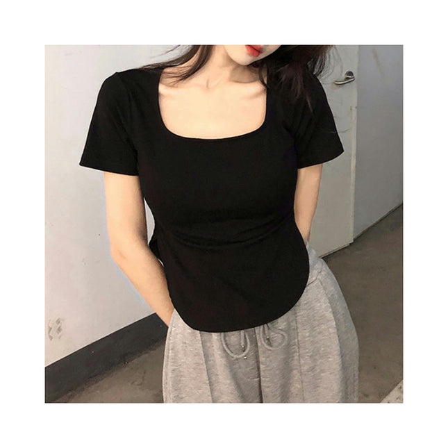 Women's Summer Short Sleeve T Shirts Square Neck Slim Fit Crop Tops