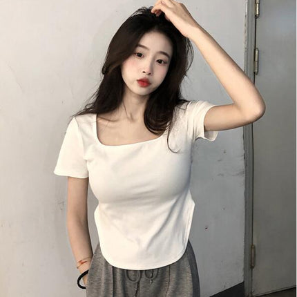 Women's Summer Short Sleeve T Shirts Square Neck Slim Fit Crop Tops