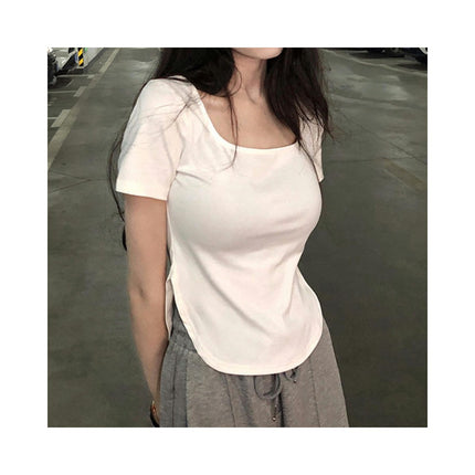 Women's Summer Short Sleeve T Shirts Square Neck Slim Fit Crop Tops