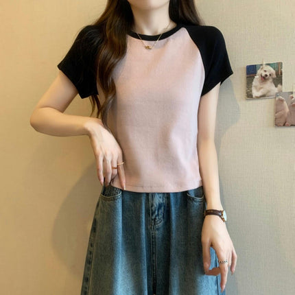 Womens Casual Crop Tops Color Block Crewneck Summer Slim Fit T Shirts