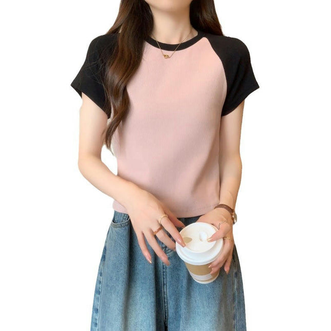 Womens Casual Crop Tops Color Block Crewneck Summer Slim Fit T Shirts