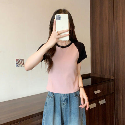 Womens Casual Crop Tops Color Block Crewneck Summer Slim Fit T Shirts