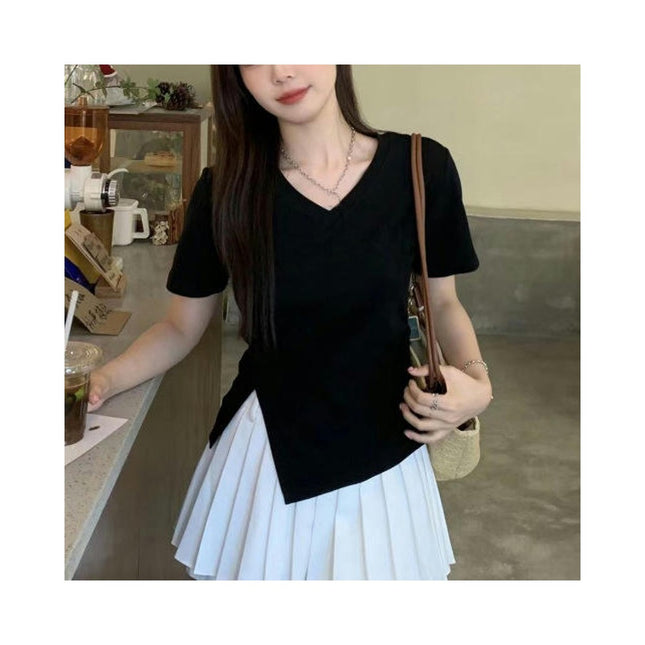 Women's Summer Short Sleeve T Shirts V Neck Ruched Slit Slim Fit Crop Tops