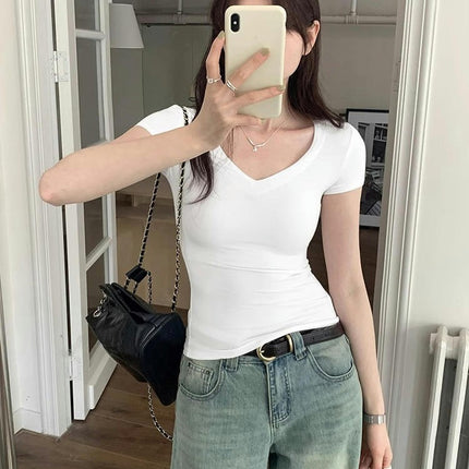 Women's Casual V Neck Short Sleeve Slim Fit T Shirts Summer Going Out Crop Tops