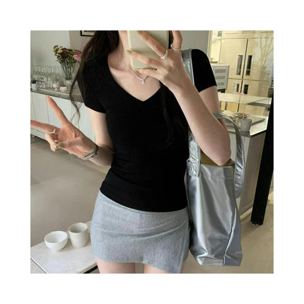 Women's Casual V Neck Short Sleeve Slim Fit T Shirts Summer Going Out Crop Tops