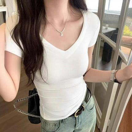 Women's Casual V Neck Short Sleeve Slim Fit T Shirts Summer Going Out Crop Tops