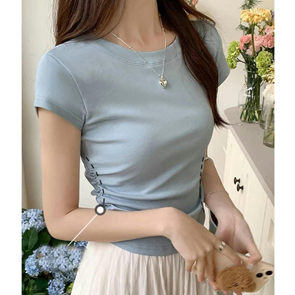 Women's Summer Ruched Crew Neck Crop Top Short Sleeve Slim Fit T Shirt