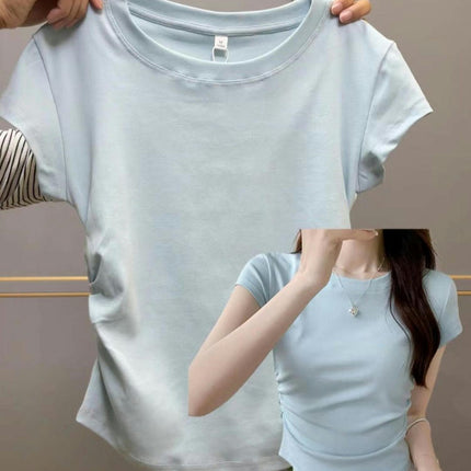 Women's Summer Ruched Crew Neck Crop Top Short Sleeve Slim Fit T Shirt