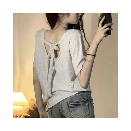 Womens Casual Short Sleeve Tops Crewneck Summer Tie Back T Shirts