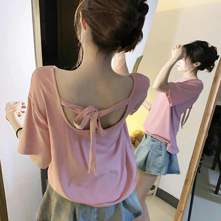 Womens Casual Short Sleeve Tops Crewneck Summer Tie Back T Shirts