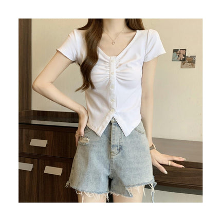 Womens V Neck Button Down Crop Tops Summer Short Sleeve Ruched T-Shirts