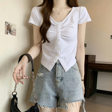 Womens V Neck Button Down Crop Tops Summer Short Sleeve Ruched T-Shirts