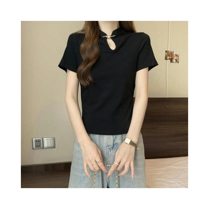 Womens Summer Short Sleeve Crop Tops Casual High Neck Slim Fit T-shirts