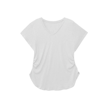 Women's Summer Ruched T Shirt Short Sleeve V Neck Slim Fit Tees Top