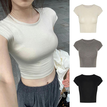 Women Crop Tops Crew Neck Short Sleeve Tight T Shirts Summer Casual Tee