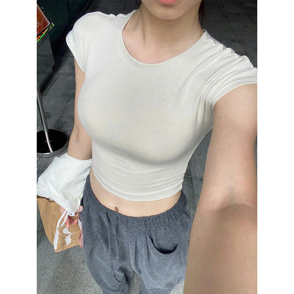 Women Crop Tops Crew Neck Short Sleeve Tight T Shirts Summer Casual Tee