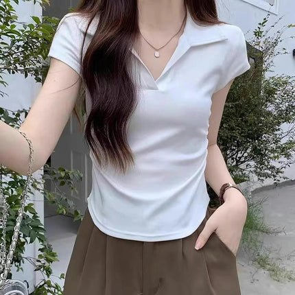 Women's Casual Short Sleeve V Neck Polo Collar Tee Shirt Crop Top