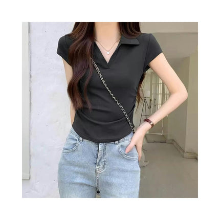 Women's Casual Short Sleeve V Neck Polo Collar Tee Shirt Crop Top